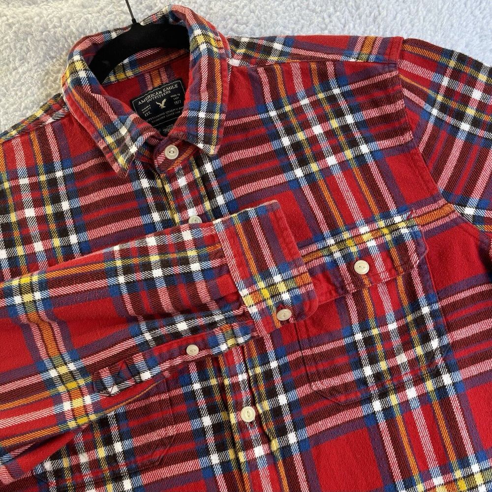 American Eagle Flannel Shirt Mens Large L Red Plaid Button Up Long Sleeve Preppy
